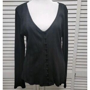ANTHROPOLOGIE SZ XL Black Women's Cotton Ribbed Button Up Long Sleeve Top